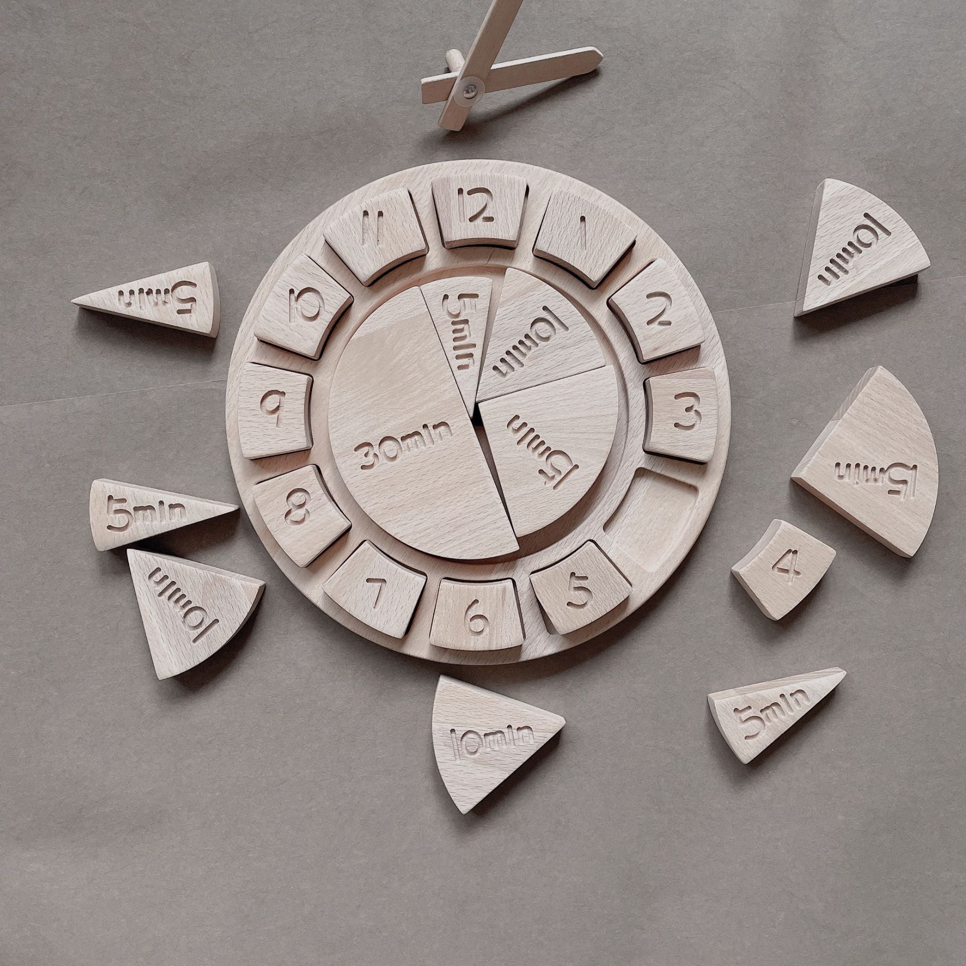 Toy wooden clock- hour/minutes/