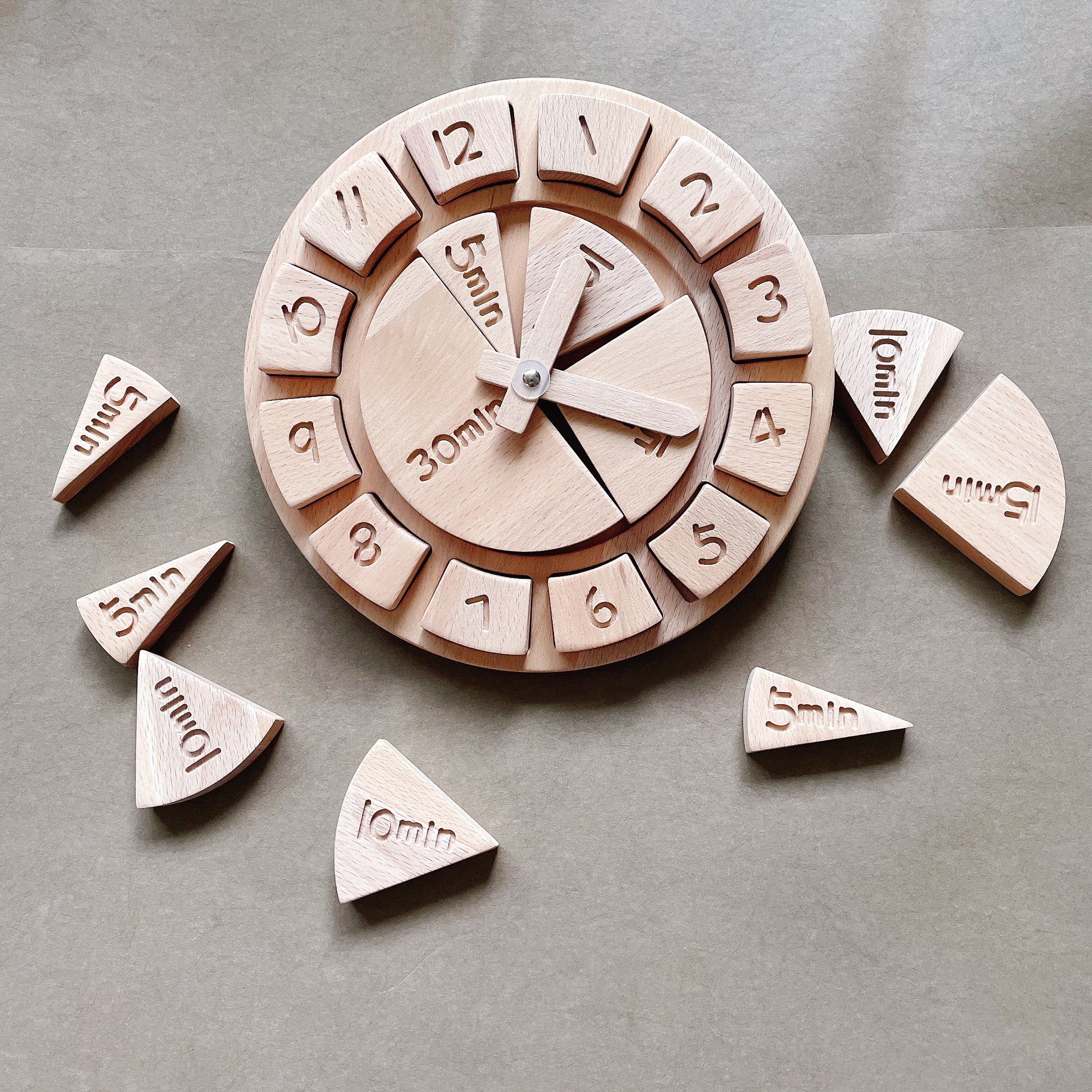 Toy wooden clock- hour/minutes/