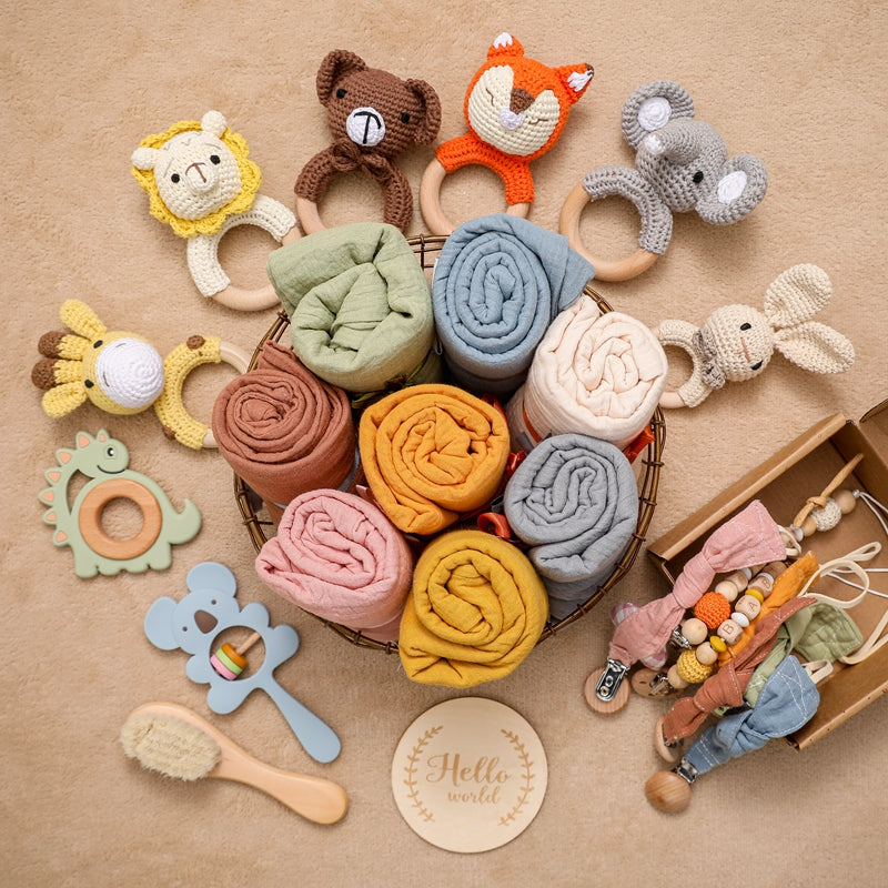 Baby Bath  Set Towel Wooden Milestones Rattle Bracelet Crochet Toys