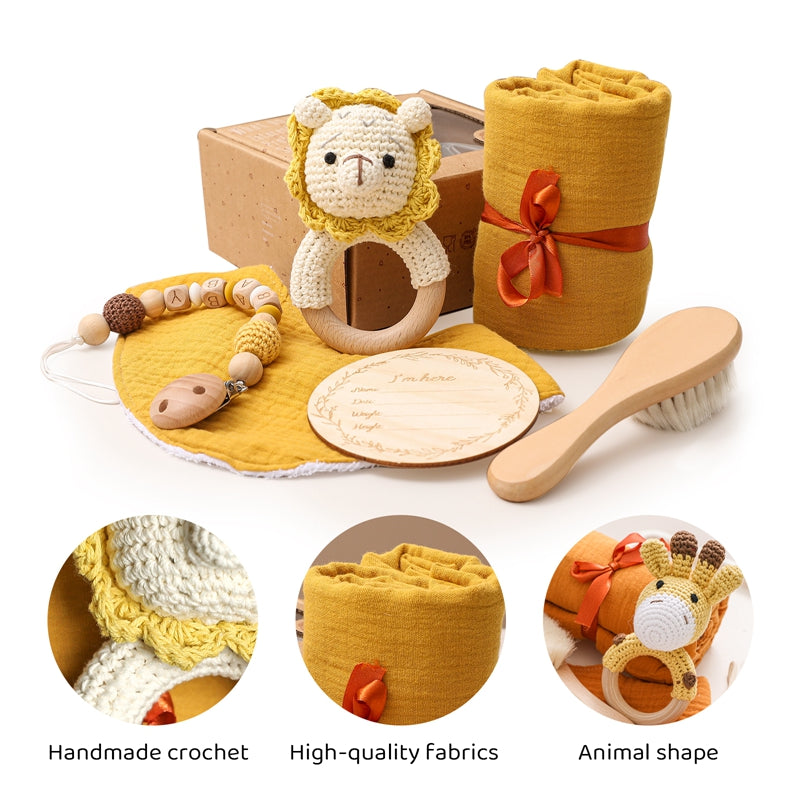 Baby Bath  Set Towel Wooden Milestones Rattle Bracelet Crochet Toys